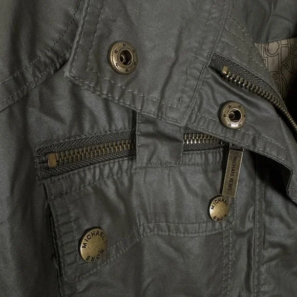 Michael Kors Olive Green Waxed Utility Jacket Women XL Pockets Zip Snap Military - Picture 6 of 9